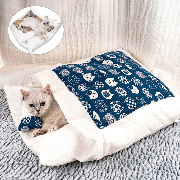 Japanese Cat Bed Warm Cat Sleeping Bag Deep Sleep Cave Winter Removable Pet House Bed for Cats Dogs Nest Cushion with Pillow - Your Healthy Version