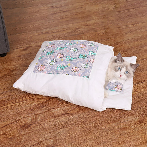 Japanese Cat Bed Warm Cat Sleeping Bag Deep Sleep Cave Winter Removable Pet House Bed for Cats Dogs Nest Cushion with Pillow - Your Healthy Version