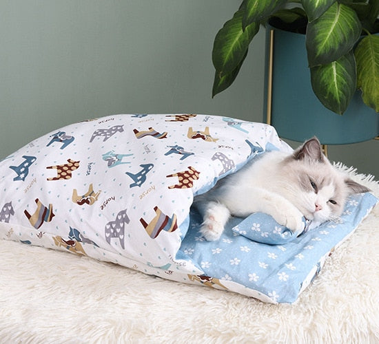 Japanese Cat Bed Warm Cat Sleeping Bag Deep Sleep Cave Winter Removable Pet House Bed for Cats Dogs Nest Cushion with Pillow - Your Healthy Version